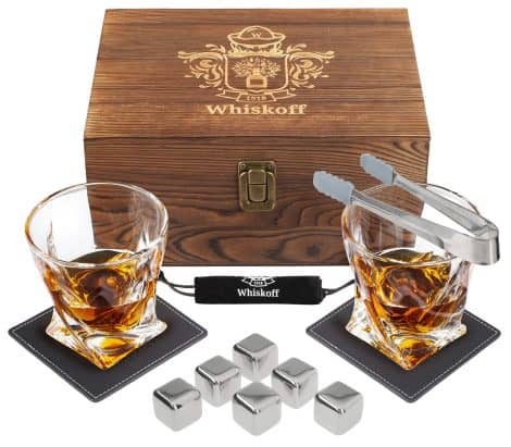 Men’s Whiskey Glass Set: 2 Crystal Glasses, Chilling Stones, Coasters – Ideal Scotch Bourbon Gift.