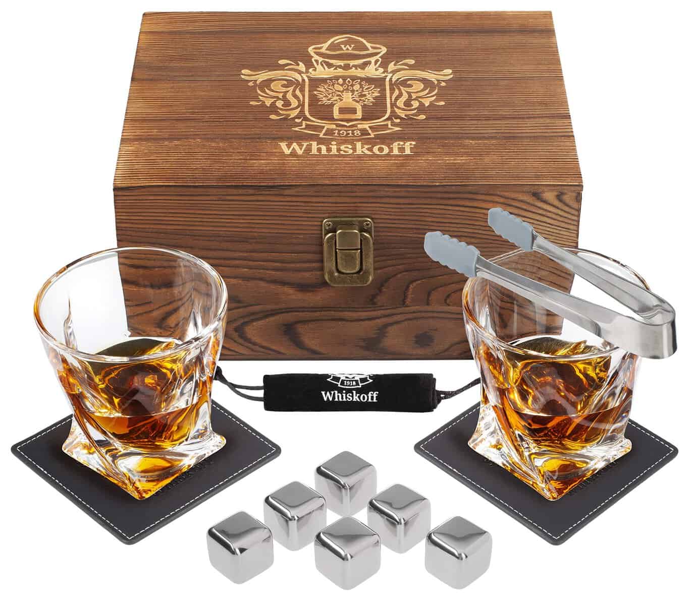 Whiskey Glass Gift Set For Men Dad - Whiskey Glass Set of 2 - Bourbon Whiskey Stones Wood Box Gift Set - Includes Crystal Whisky Glasses, Chilling Rocks, Slate Coasters for Scotch Wisky Burbon Gifts