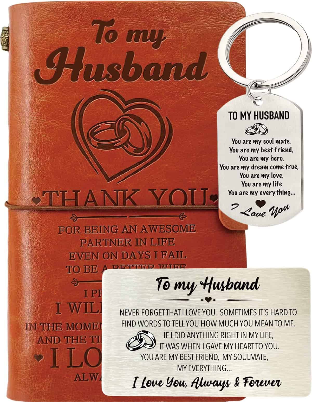 Husband Leather Journal from Wife, Husband Wallet Card, Husband Keychain, To My Husband Gift, Husband Journal 140 Pages Refillable Notebook, Gift for Husband Valentine Anniversary Birthday