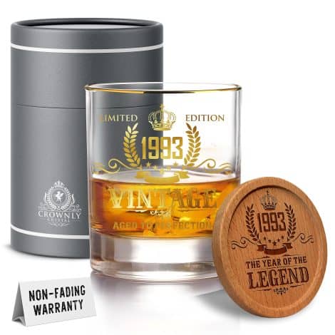 Kies®GIFT Gold 1993 Whiskey Glass – 30th Birthday Bar Set, Vintage Decor, Unique Gift, Ice Crystal Glasses.