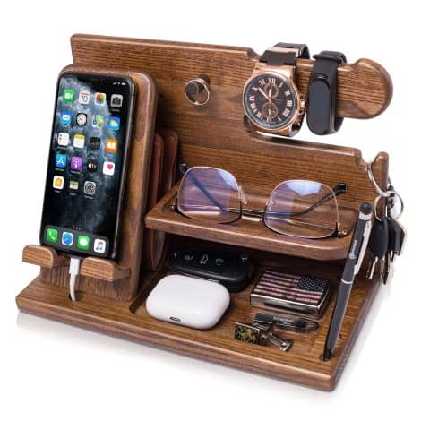 Beige Wood Phone Docking Station with Multiple Organizers – the Perfect Gift for Him or Her.