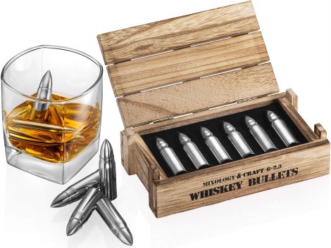 Silver Whiskey Stone Set – Steel stones in wooden army case, reusable ice cubes. Great gift for men.