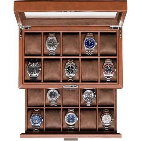 Luxury leather watch box to store and display your collection, with a lock and glass top. Ideal for men and women. (Tan/Brown)