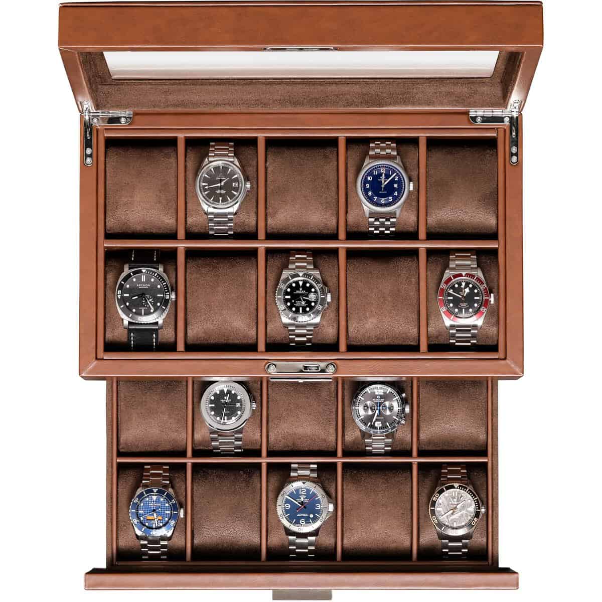 ROTHWELL 20 Slot Leather Watch box - Luxury Watch Case Display Jewelry Organizer, Locking Watch Display Case Holder with Large Real Glass Top - Watch Box Organizer for Men and Women (Tan/Brown)