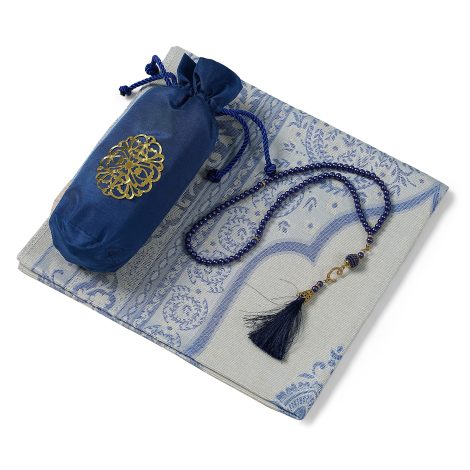 SAQENZA Prayer Rug – Portable Muslim Prayer Mat Set with Travel Bag and Prayer Beads – Ideal Islamic Gifts for All Ages (Navy Blue).