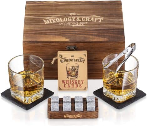 Whiskey Lovers’ Set: 2 Glasses, 8 Chilling Rocks, Coasters, Tong, Cocktail Cards in Wooden Box.