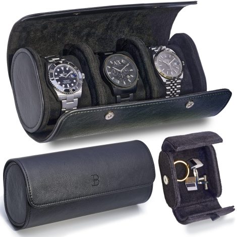 Black Leather Watch Roll Travel Case – Travel in style with this sleek and practical watch case.