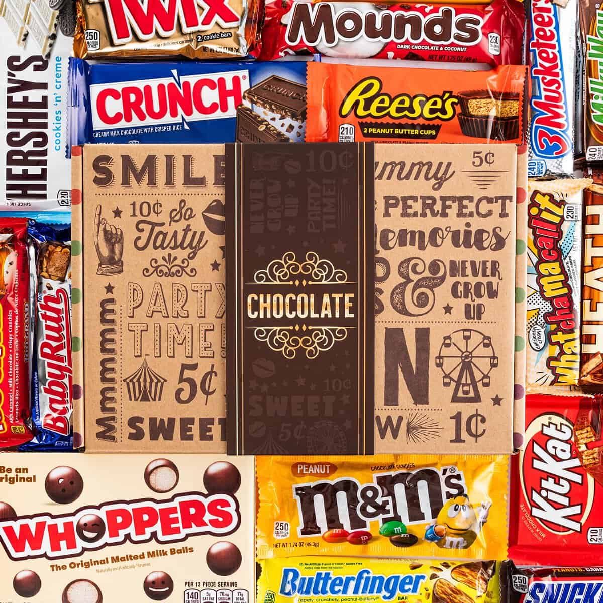 VINTAGE CANDY CO. CHOCOLATE LOVERS FULL SIZE CANDY BAR SNACK GIFT BASKET - PERFECT For Adult, College Student, Military, Teens, Woman, Man, Boy or Girl