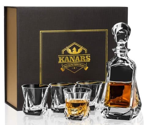 KANARS Whiskey Decanter Set: Crystal Set for Alcohol or Liquors, Unique Whiskey Gift for Men – Includes 4 Glasses.