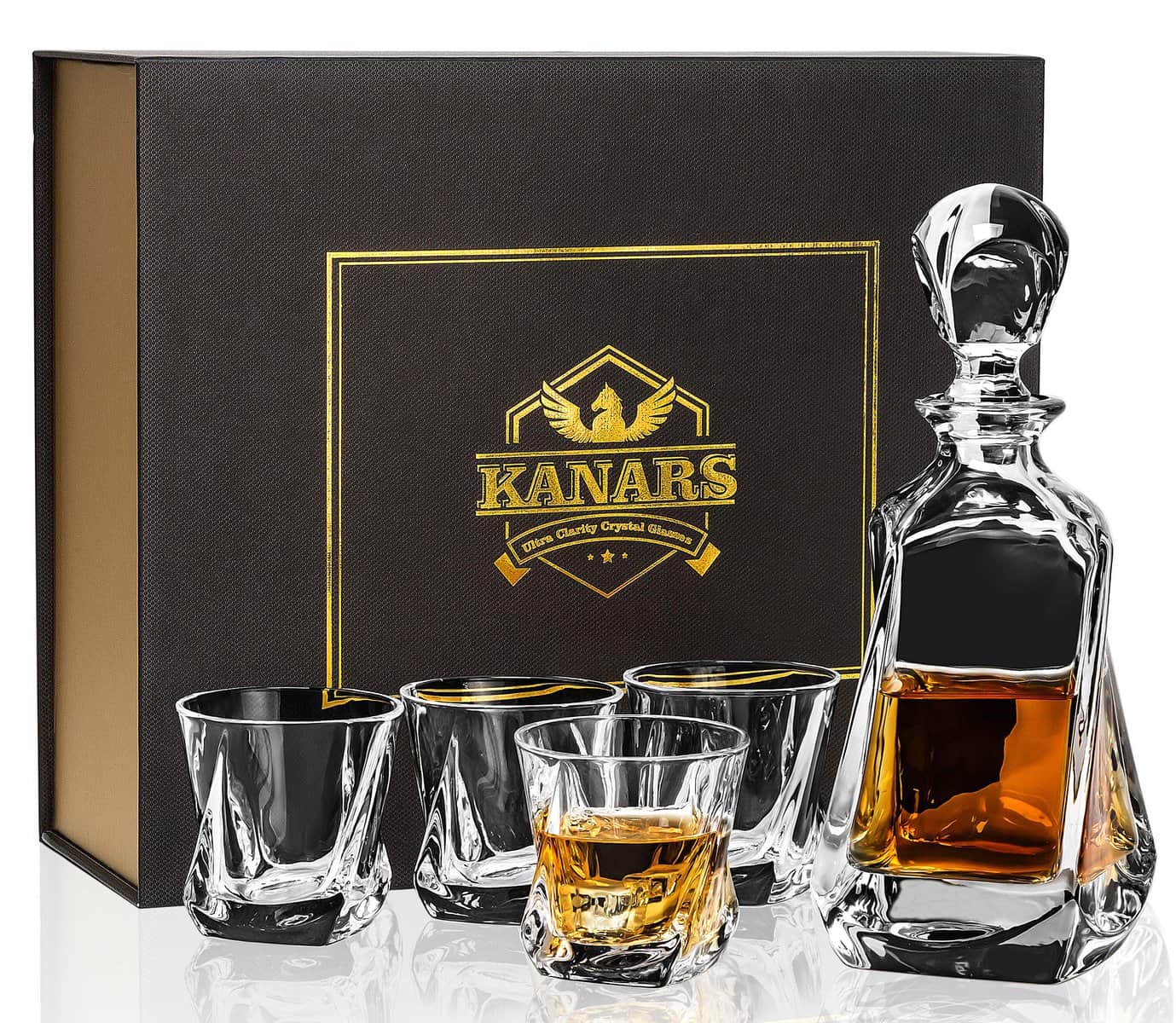 KANARS Whiskey Decanter Set With 4 Gl, Crafted Crystal Decanter Set For Alcohol or Liquor, Unique Whiskey Gift Set for Men