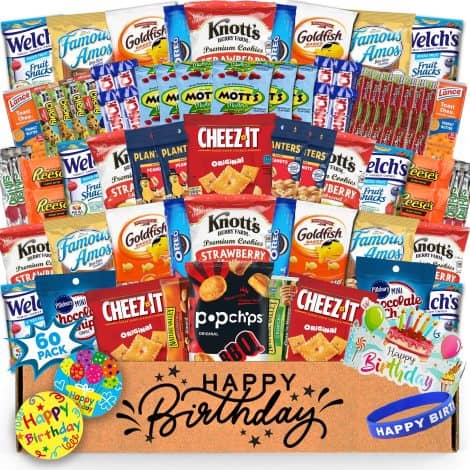 “Ultimate Birthday Snack Basket: 60 Treats Variety Pack for College, Office, or School – Perfect Gift!”